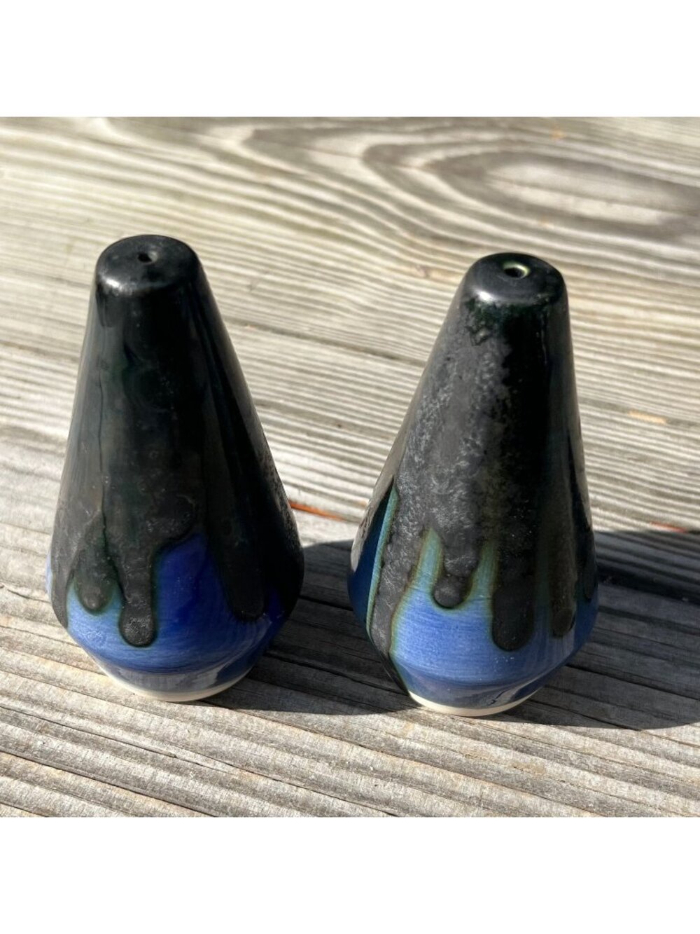 VTG Drip Glaze Ceramic Conical Blue Black Salt & Pepper Shaker Set, 3.5 in MCM